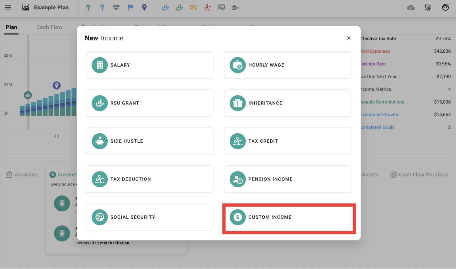 Adding custom income in ProjectionLab